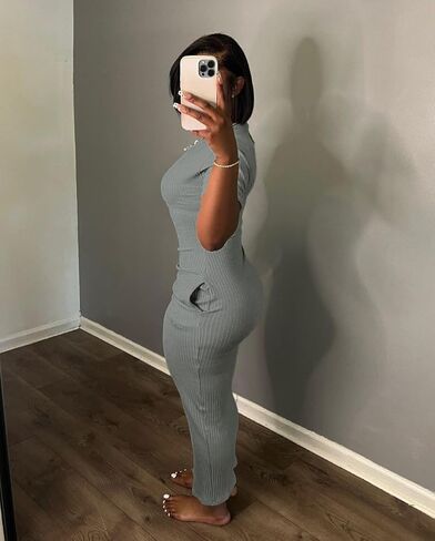 Women's Short Sleeve Dress T Shirt Bodycon Ribbed V Neck Maxi Sundress Basic Party Club Night Out Dresst-Gray-M in Kuwait
