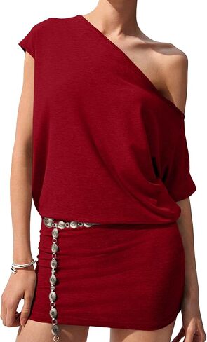Women's Off The Shoulder Mini Dress Going Out Short Sleeve Asymmetrical Neck Bodycon Tshirt Dresses Casual 2026 in Saudi Arabia