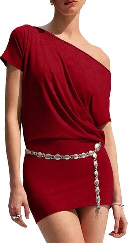 Women's Off The Shoulder Mini Dress Going Out Short Sleeve Asymmetrical Neck Bodycon Tshirt Dresses Casual 2026 in Saudi Arabia