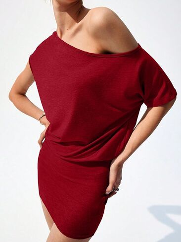Women's Off The Shoulder Mini Dress Going Out Short Sleeve Asymmetrical Neck Bodycon Tshirt Dresses Casual 2026 in Saudi Arabia