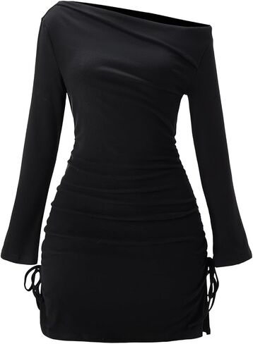 Women's Off The Shoulder Mini Dress Ruched Bell Long Sleeve Bodycon Going Out Club Dresses in Kuwait