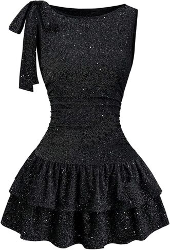SOLY HUX Women's Glitter Mini Dress Y2k Bow Tie Shoulder Boat Neck Sleeveless Layered Ruffle Ruched Party Summer Dresses in Saudi Arabia