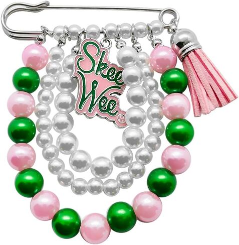 ALPHA Sorority Imitation Pearl Tassel Brooch With SKEEWEE Enamel Letter Charms Pink Green Beads Chain DIY Pin For Sorority Women in Kuwait
