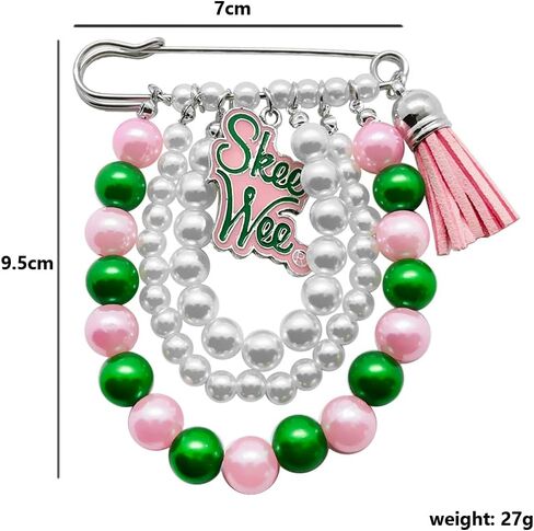 ALPHA Sorority Imitation Pearl Tassel Brooch With SKEEWEE Enamel Letter Charms Pink Green Beads Chain DIY Pin For Sorority Women in Kuwait