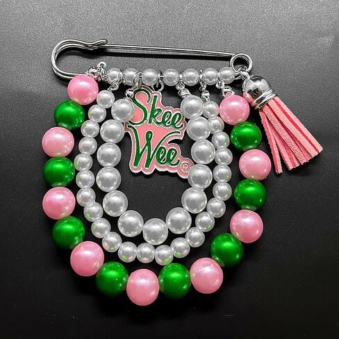 ALPHA Sorority Imitation Pearl Tassel Brooch With SKEEWEE Enamel Letter Charms Pink Green Beads Chain DIY Pin For Sorority Women in Kuwait