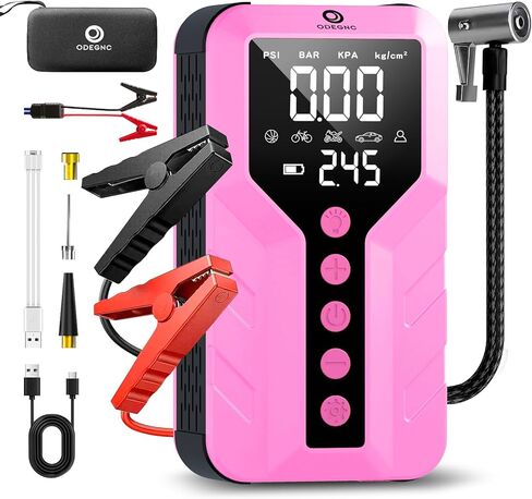 Jump Starter with Air Compressor for All-Terrain Vehicles, Deep Pink, Lithium Ion, 12 Volts, 6000 Amps Peak, 25000mAh in Kuwait