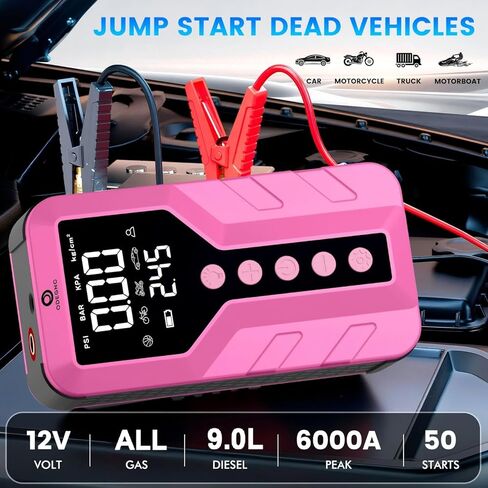 جهاز Jump Starter مع ضاغط هواء للمركبات الصالحة لجميع التضاريس، وردي غامق، ليثيوم أيون، 12 فولت، ذروة 6000 أمبير، 25000 مللي أمبير في الساعة in Kuwait
