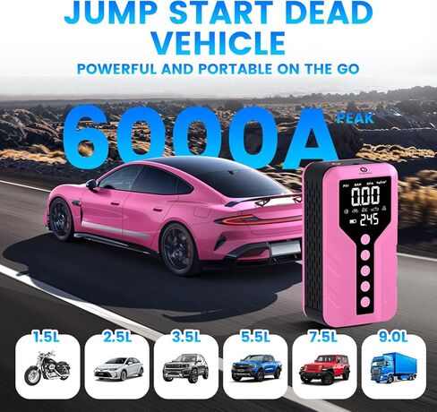 جهاز Jump Starter مع ضاغط هواء للمركبات الصالحة لجميع التضاريس، وردي غامق، ليثيوم أيون، 12 فولت، ذروة 6000 أمبير، 25000 مللي أمبير في الساعة in Kuwait