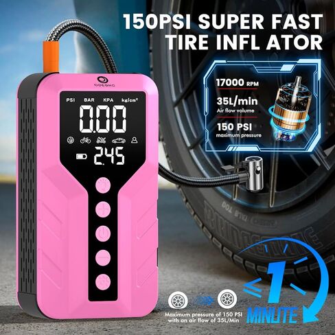 جهاز Jump Starter مع ضاغط هواء للمركبات الصالحة لجميع التضاريس، وردي غامق، ليثيوم أيون، 12 فولت، ذروة 6000 أمبير، 25000 مللي أمبير في الساعة in Kuwait