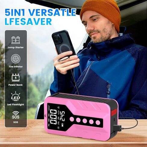 جهاز Jump Starter مع ضاغط هواء للمركبات الصالحة لجميع التضاريس، وردي غامق، ليثيوم أيون، 12 فولت، ذروة 6000 أمبير، 25000 مللي أمبير في الساعة in Kuwait