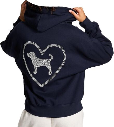 Victoria's Secret PINK Ivy Fleece Campus Full-Zip Hoodie Navy Blue Rhinestone Heart Dog Logo Limited Edition New in Saudi Arabia