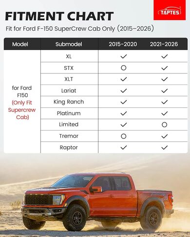 TAPTES Floor Mats for Ford F-150 2015-2026 | All Weather Car Carpet Liner for F 150 Lightning 2022-2025 SuperCrew (Rear w/o Fold Flat Storage) | 1st & 2nd Row Truck Rubber | 3pcs in Kuwait