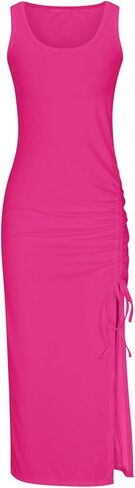 Womens Sexy Side Slit Draw/String Ruched Bodycon Casual Sun Maxi Dresses Sleeveless Ribbed Knit Tank Dress in Saudi Arabia