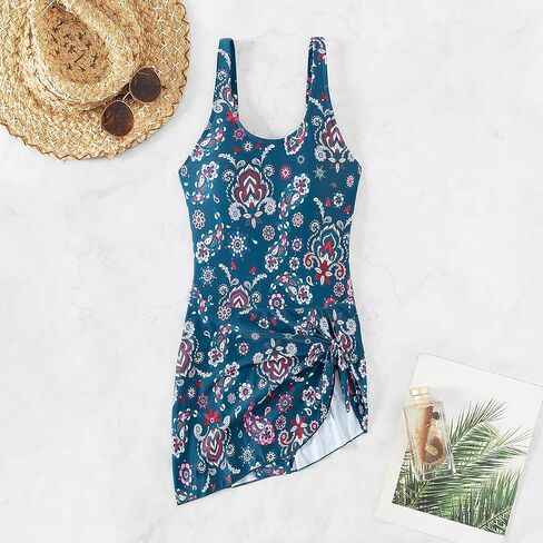 Women's Floral Print One-Piece Swimsuit, Elegant Asymmetrical Skirted Swimwear, Sleeveless Bathing Suit, Summer Beachwear in Saudi Arabia