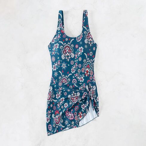 Women's Floral Print One-Piece Swimsuit, Elegant Asymmetrical Skirted Swimwear, Sleeveless Bathing Suit, Summer Beachwear in Saudi Arabia