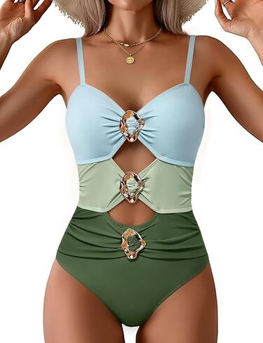 One Piece Swimsuit for Women Cutout Monokini Ruched Sexy Swimwear Color Block Metal Bathing Suit with Straps in Saudi Arabia