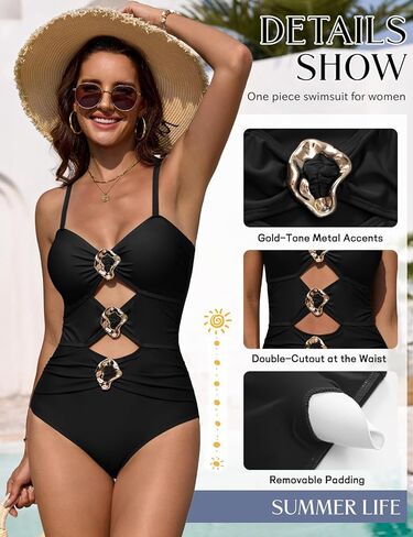 One Piece Swimsuit for Women Cutout Monokini Ruched Sexy Swimwear Color Block Metal Bathing Suit with Straps in Saudi Arabia