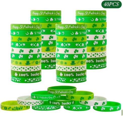 54pcs St. Patrick's Day Rubber Bracelets Silicone Wristbands Green Shamrock Irish Stretchy Silicone Bracelet for Women Men School Party Favors Supplies Decoration in Kuwait