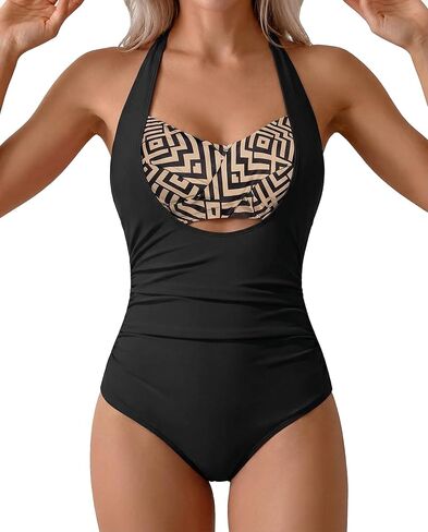 SHESHOW Womens One Piece Swimsuits Tummy Control High Waisted Halter Backless Bathing Suit Ruched Swimwear in Kuwait