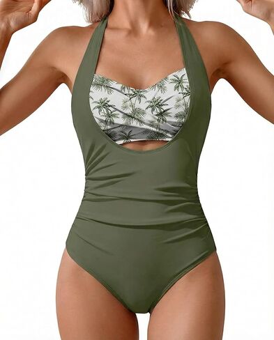 SHESHOW Womens One Piece Swimsuits Tummy Control High Waisted Halter Backless Bathing Suit Ruched Swimwear in Saudi Arabia