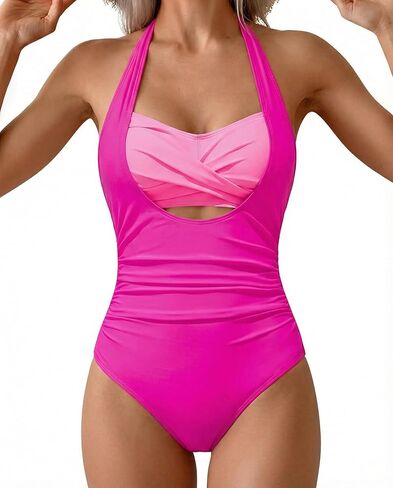 SHESHOW Womens One Piece Swimsuits Tummy Control High Waisted Halter Backless Bathing Suit Ruched Swimwear in Saudi Arabia