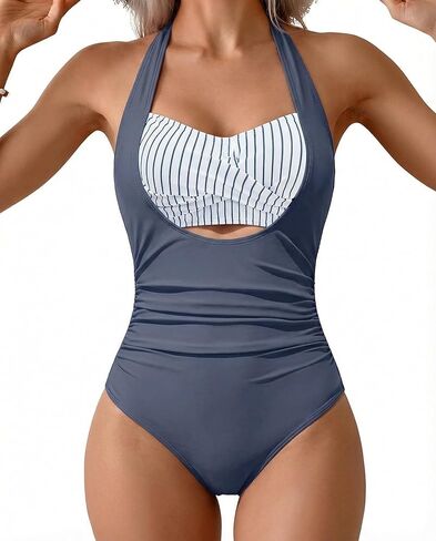SHESHOW Womens One Piece Swimsuits Tummy Control High Waisted Halter Backless Bathing Suit Ruched Swimwear in Saudi Arabia