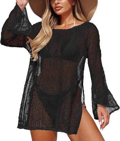 SEAUR Swimsuit Coverup for Women Bathing Suit Crochet Beach Mesh Dress Long Sleeve Bikini Knit Tops in Saudi Arabia