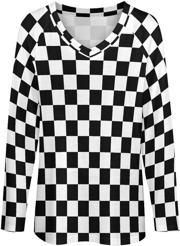 SEPTYK أسود أبيض سباق متقلب العلم نمط المرأة كم طويل بلايز تي شيرت برقبة على شكل v عادية فضفاض الجرافيك البلوز المحملة in Kuwait