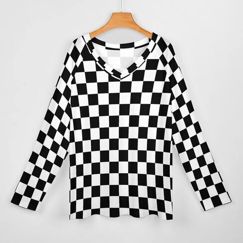 SEPTYK أسود أبيض سباق متقلب العلم نمط المرأة كم طويل بلايز تي شيرت برقبة على شكل v عادية فضفاض الجرافيك البلوز المحملة in Kuwait