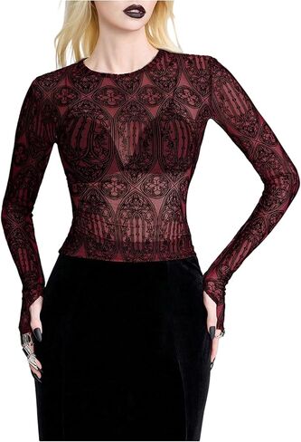 قميص نسائي برسومات الأفعى القوطية، مثير بشبكة شفافة، بياقة دائرية، وأكمام طويلة، ملابس خريفية in Kuwait