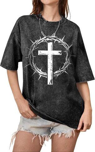 Christian Shirts for Women Vintage Washed Oversized Jesus Tshirt Religious Faith Shirts Graphic Casual Short Sleeve Top in Saudi Arabia