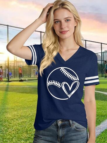 Baseball Shirt Women Baseball Heart Graphic T Shirt Baseball Mom V Neck Shirts Baseball Gifts in Saudi Arabia