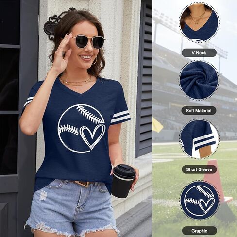 Baseball Shirt Women Baseball Heart Graphic T Shirt Baseball Mom V Neck Shirts Baseball Gifts in Saudi Arabia