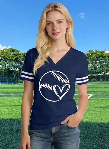 Baseball Shirt Women Baseball Heart Graphic T Shirt Baseball Mom V Neck Shirts Baseball Gifts in Saudi Arabia