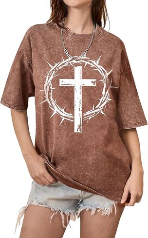 Christian Shirts for Women Vintage Washed Oversized Jesus Tshirt Religious Faith Shirts Graphic Casual Short Sleeve Top in Saudi Arabia