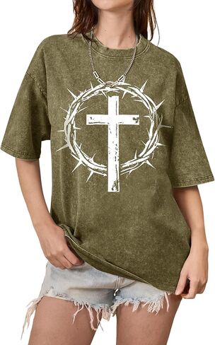 Christian Shirts for Women Vintage Washed Oversized Jesus Tshirt Religious Faith Shirts Graphic Casual Short Sleeve Top in Saudi Arabia