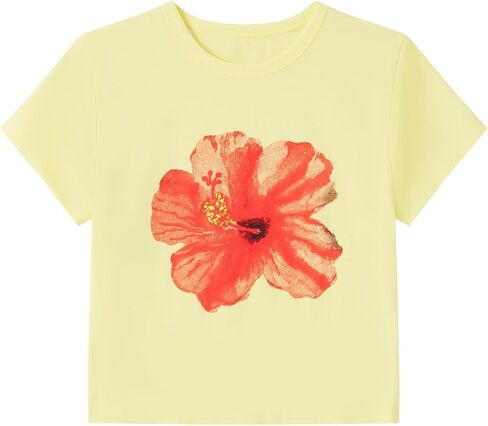 Luckinbaby Y2k Baby Tee for Women Short Sleeve Hibiscus Flower Print T-Shirt Summer Slim Fit Going Out Cropped Shirts in Kuwait