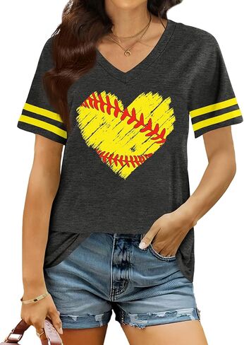 Baseball Shirt Women Baseball Heart Graphic T Shirt Baseball Mom V Neck Shirts Baseball Gifts in Saudi Arabia