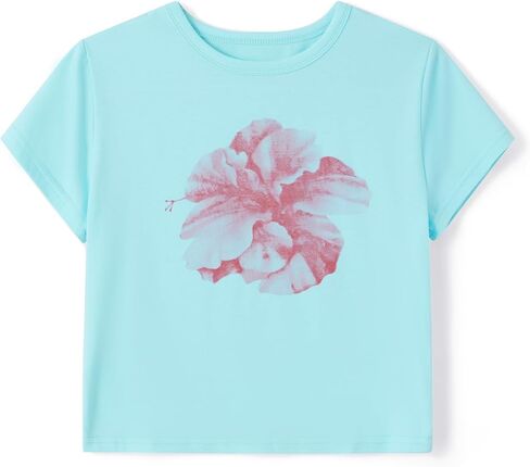 Luckinbaby Y2k Baby Tee for Women Short Sleeve Hibiscus Flower Print T-Shirt Summer Slim Fit Going Out Cropped Shirts in Saudi Arabia