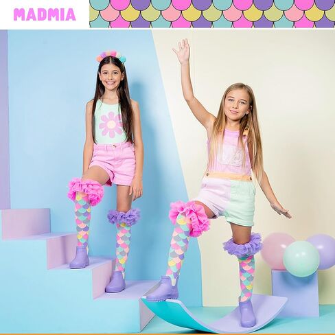 جوارب MADMIA Mermaid Frills بطول الركبة - جوارب ملونة للأطفال والكبار، هدية يوم جورب ممتعة ومجنونة in Kuwait