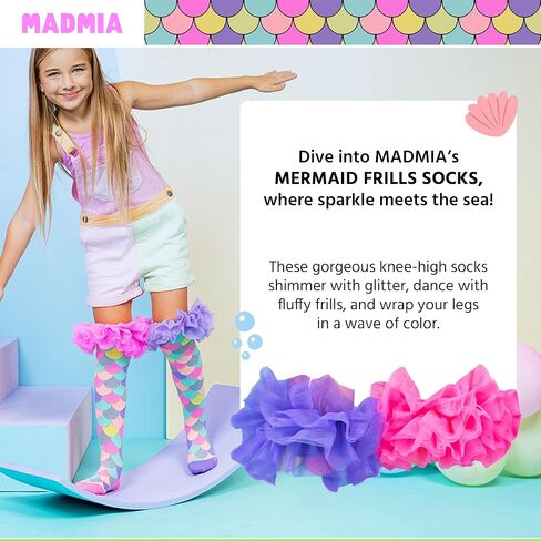 جوارب MADMIA Mermaid Frills بطول الركبة - جوارب ملونة للأطفال والكبار، هدية يوم جورب ممتعة ومجنونة in Kuwait