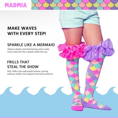 جوارب MADMIA Mermaid Frills بطول الركبة - جوارب ملونة للأطفال والكبار، هدية يوم جورب ممتعة ومجنونة in Kuwait