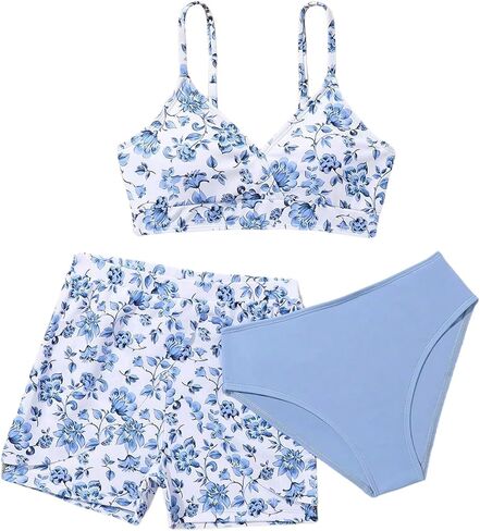Girl's 3 Piece Floral Bikini Sets Swimsuit with Cover Up Beach Shorts Bathing Suit Sets Summer Beachwear in Saudi Arabia