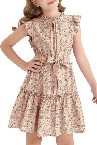 Girls Floral Ruffle Sleeve Tiered Midi Dress with Belt Pockets 5-12 Years in Kuwait