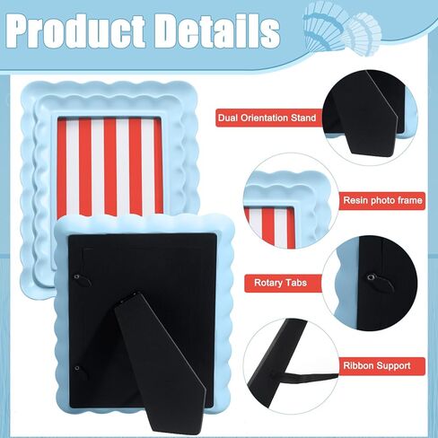 إطار صورة صدفي أزرق مقاس 4 × 6 حافة متموجة إطار صورة من الراتنج الأزرق هدية تصميم صدفي مزخرف لعرض الحائط على الطاولة لتزيين المنزل in Kuwait