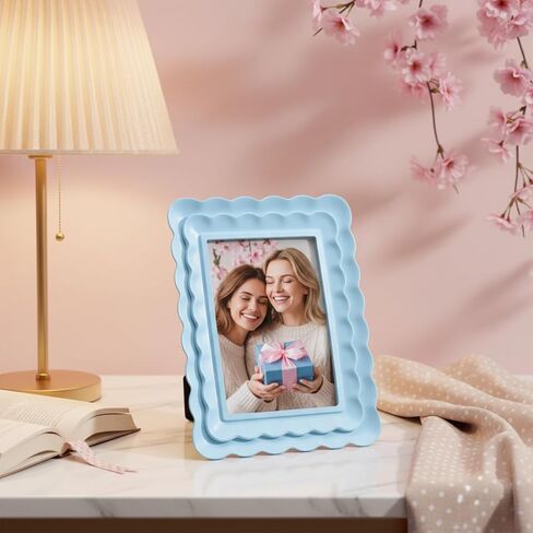 إطار صورة صدفي أزرق مقاس 4 × 6 حافة متموجة إطار صورة من الراتنج الأزرق هدية تصميم صدفي مزخرف لعرض الحائط على الطاولة لتزيين المنزل in Kuwait