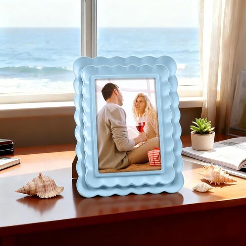 إطار صورة صدفي أزرق مقاس 4 × 6 حافة متموجة إطار صورة من الراتنج الأزرق هدية تصميم صدفي مزخرف لعرض الحائط على الطاولة لتزيين المنزل in Kuwait