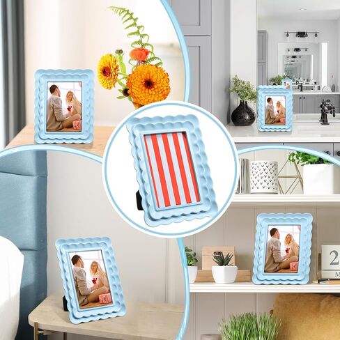 إطار صورة صدفي أزرق مقاس 4 × 6 حافة متموجة إطار صورة من الراتنج الأزرق هدية تصميم صدفي مزخرف لعرض الحائط على الطاولة لتزيين المنزل in Kuwait