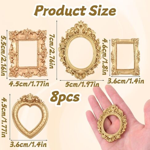 Thinp 8 Pcs Mini Gold Picture Frames, Resin Mini Vintage Frames Antique Miniature Picture Frame Oval Rectangle Resin Photo Frame for DIY Jewelry Display Photo Home Decor (4 Styles) in Saudi Arabia