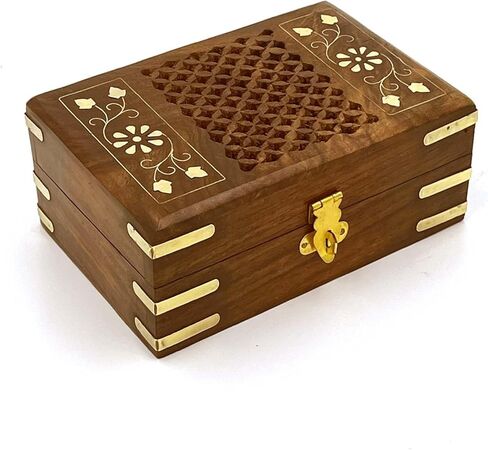 Wooden Jewelry Organizer with Brass Inlay - Exquisitely Carved Box for Womens Gifts - Elegant Storage Solution for Rings, Necklaces, Earrings, and Bracelets (8 x 5 Inch) in Saudi Arabia